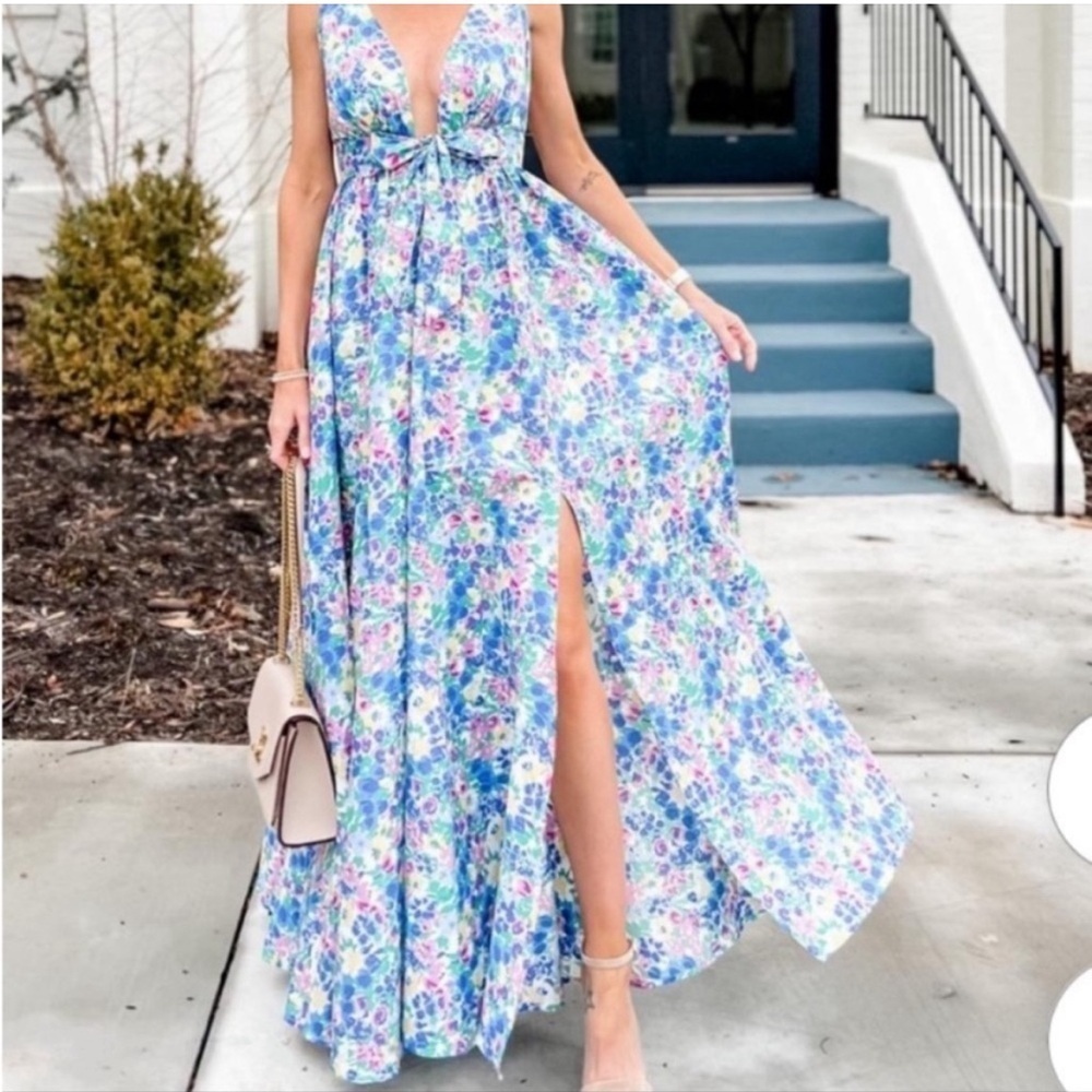 AAKAA Floral Print Maxi Dress Front Tie - Picture 3 of 5